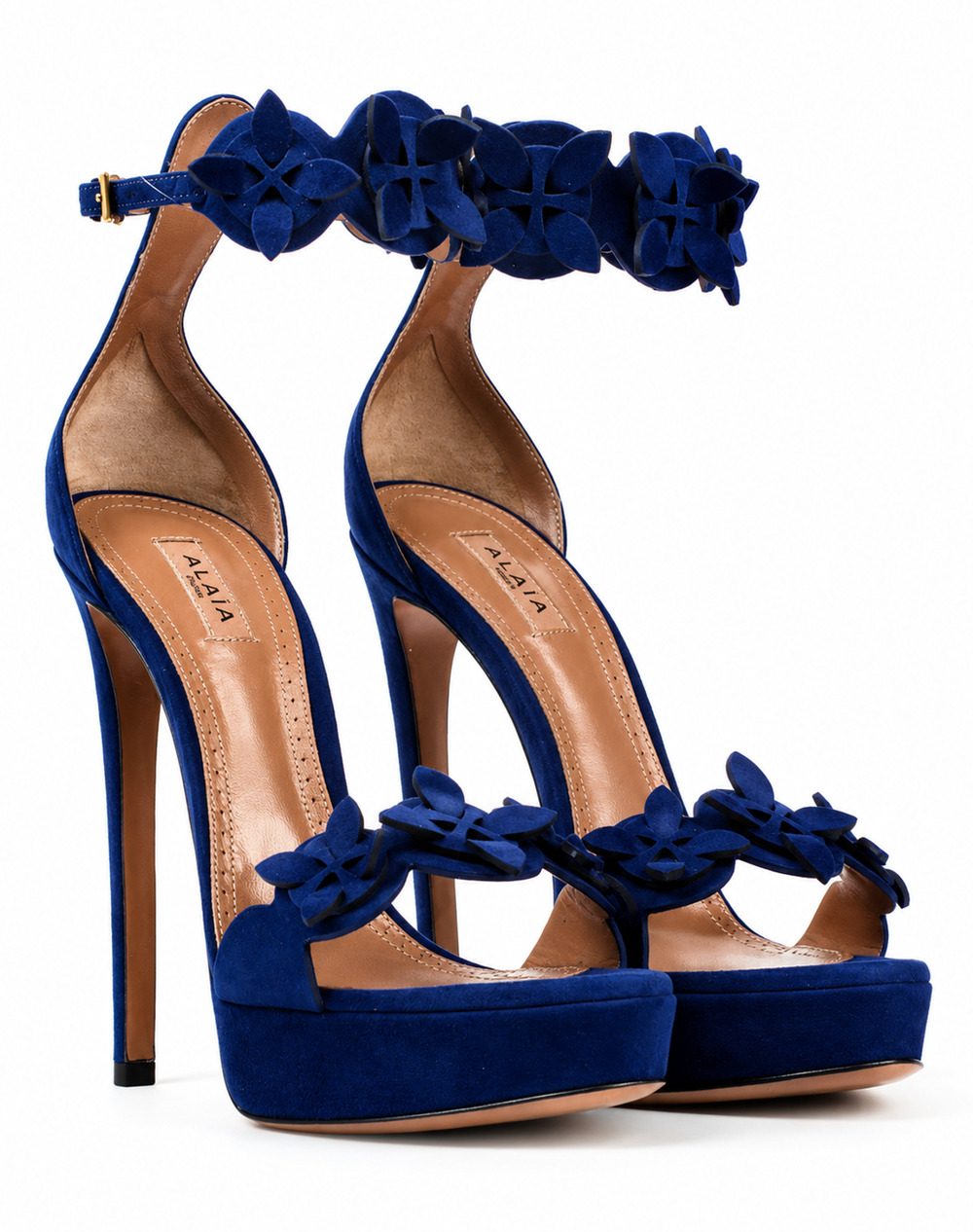ALAÏA Blue Suede Floral Ankle Strap Platform Sandals High Heels EU 39 NEW